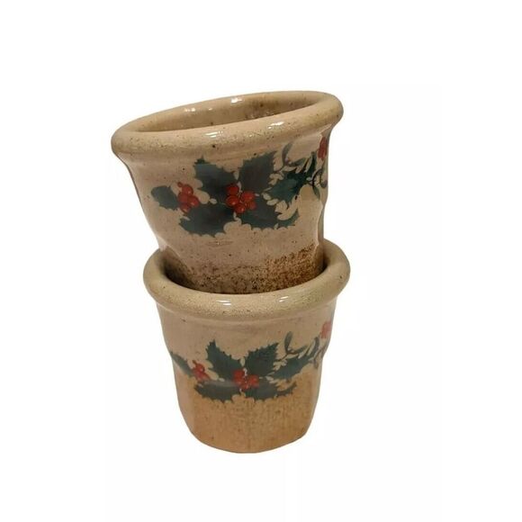 Monroe Pottery 2.5" Salt Works Maine Holly Holiday Toothpick Holder Votive Set 2 - Picture 2 of 11